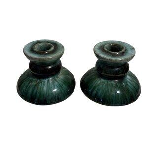 Blue Mountain Pottery Candlestick Holder Set Green Black Drip Glaze 2.75" MCM